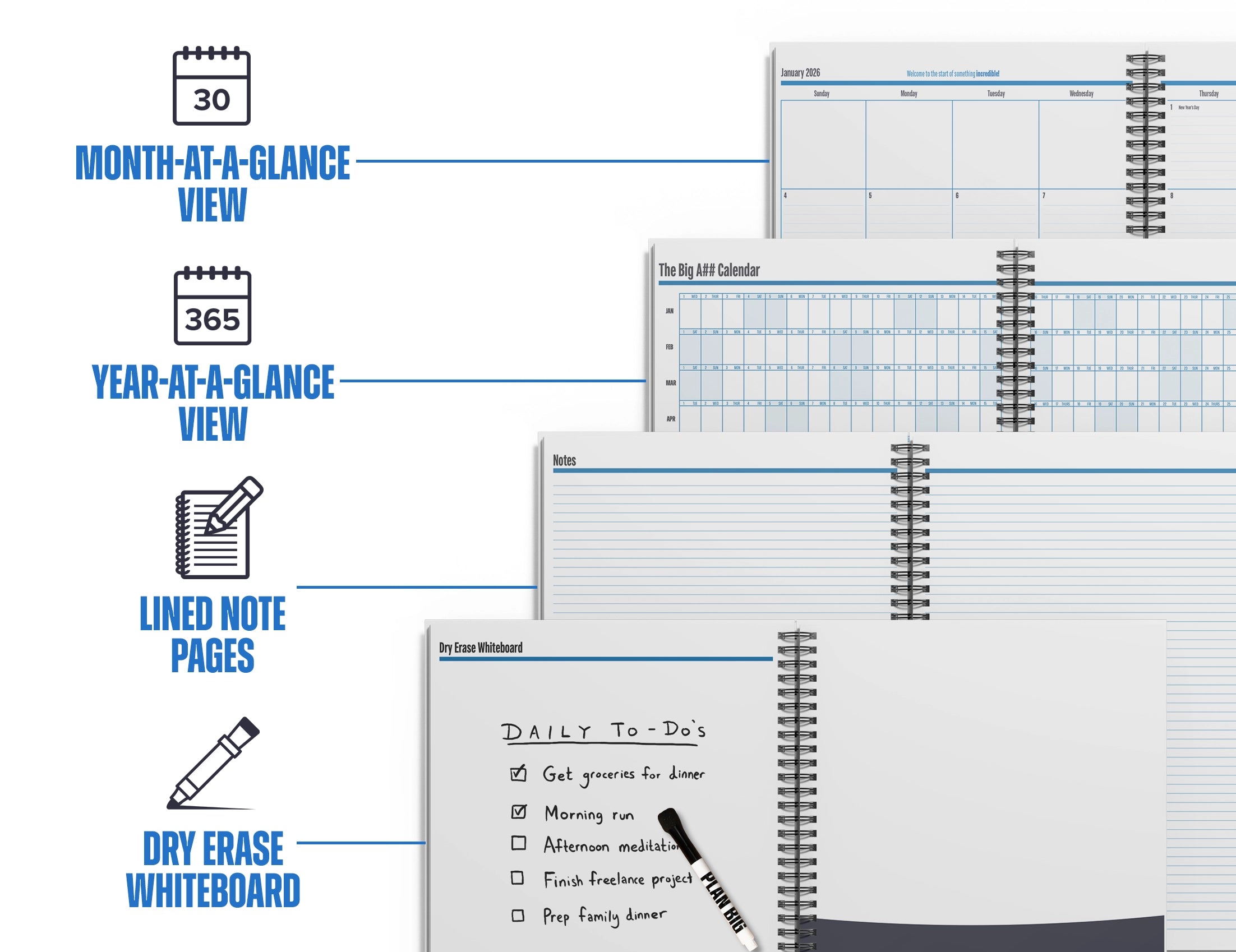 Calendar, lined notebook, and whiteboard with features highlighted