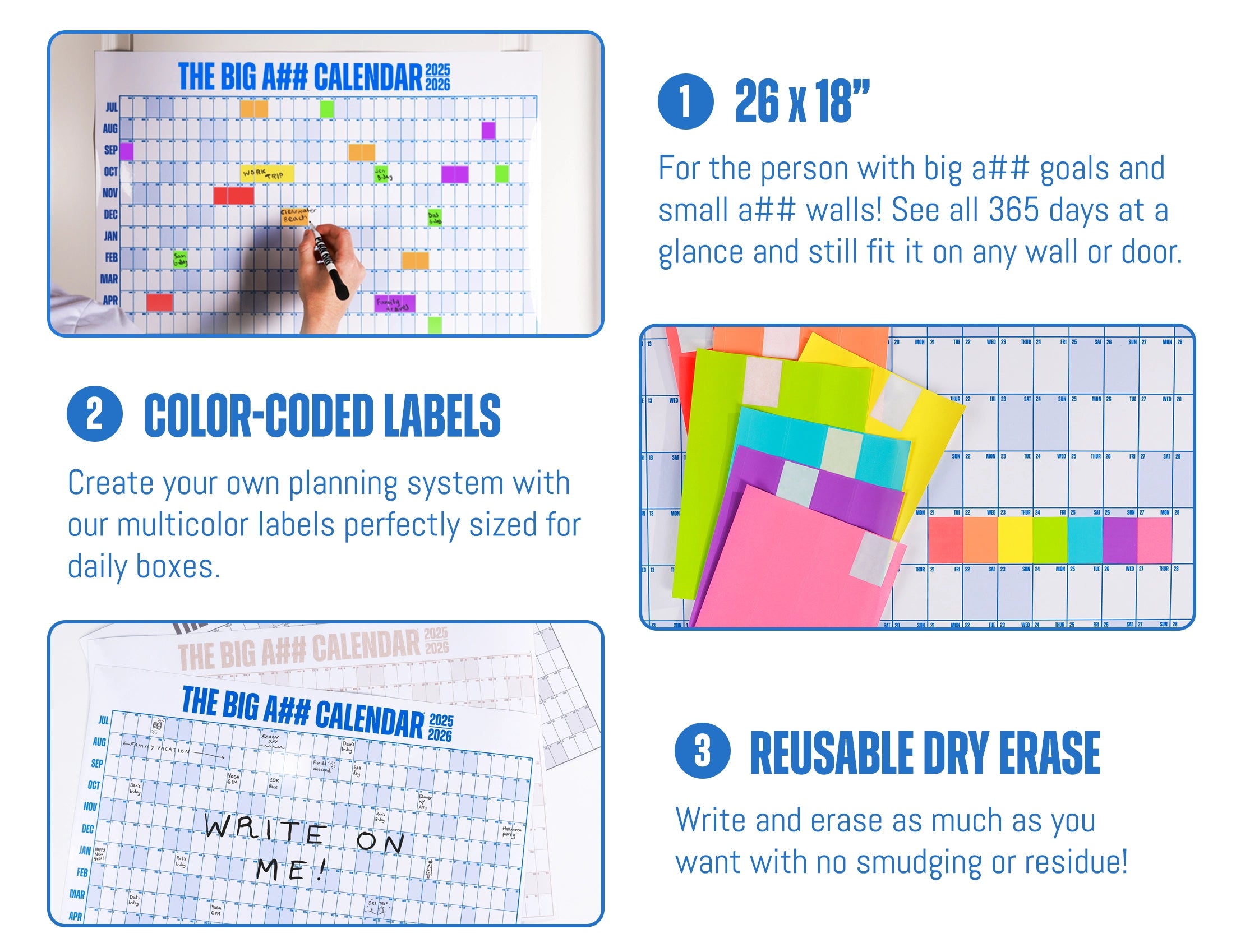 Product advertisement for 'The Big A$$ Calendar' with features highlighted.