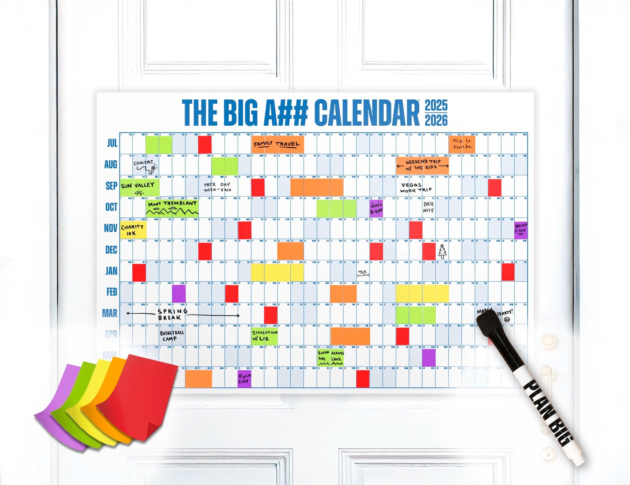 Calendar with colorful flags and a marker on a white background
