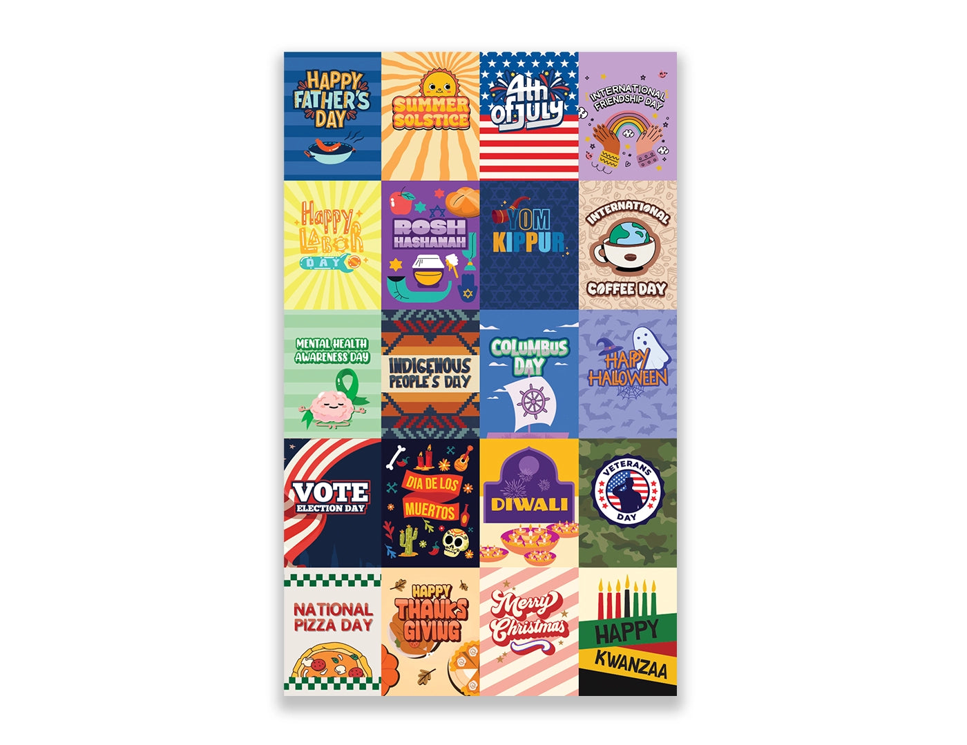 Collection of colorful greeting cards with various holidays and celebrations on a white background