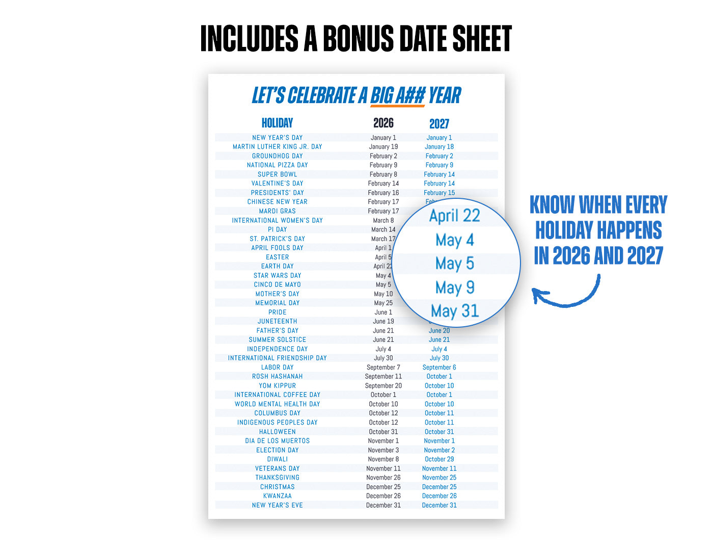 Calendar poster with holiday dates for 2026 and 2027, including a bonus date sheet.