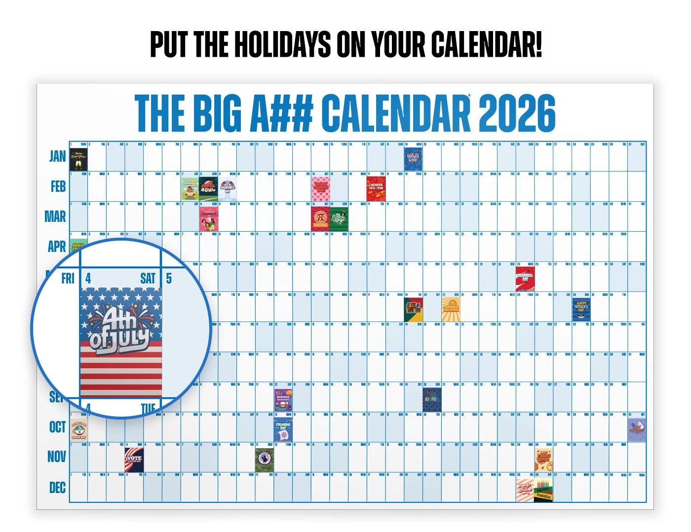 Calendar for 2026 with humorous design elements, including an American flag and text.
