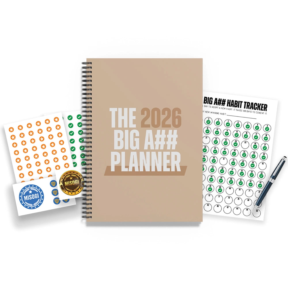 Planner with stickers and a pen on a white background