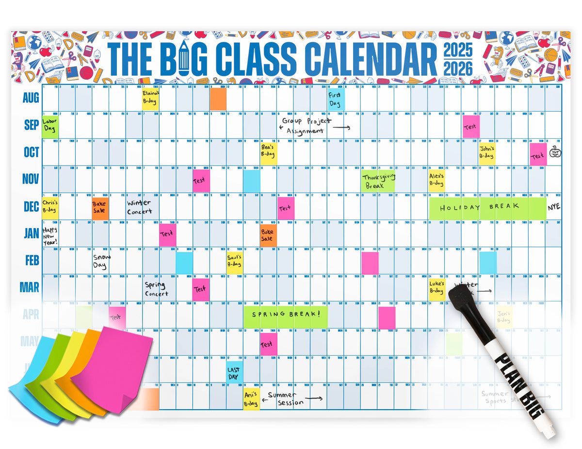 2025-2026 class calendar with markers and sticky notes on a white background