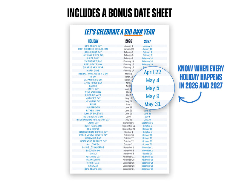Calendar poster with holiday dates for 2026 and 2027, including a bonus date sheet.