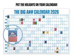 Calendar for 2026 with humorous design elements, including an American flag and text.