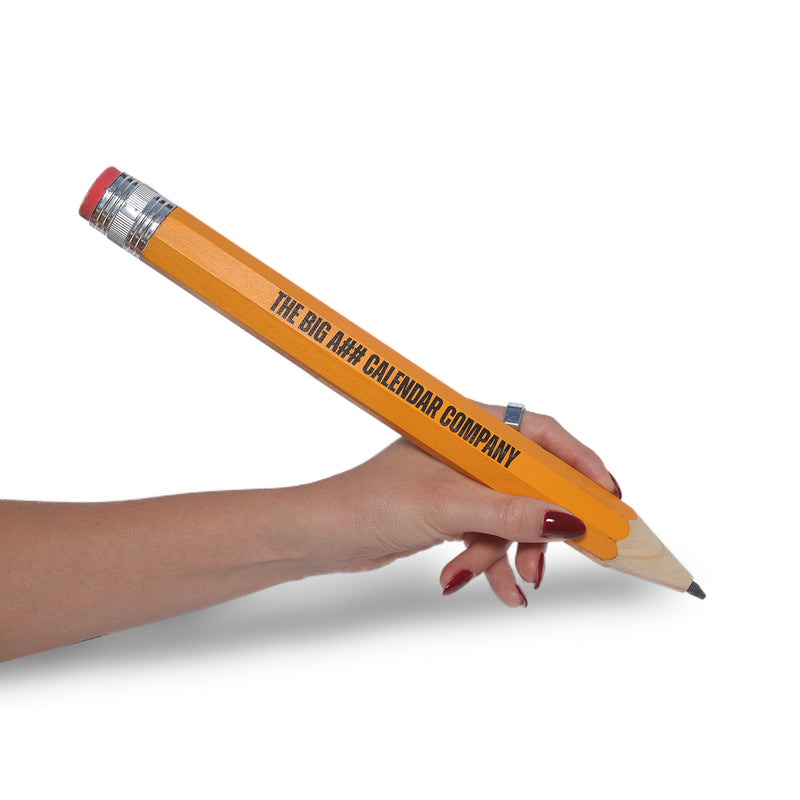 Hand holding a pencil with 'The Big Ah Calendar Company' branding on a white background