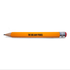 Orange pencil with black text on a white background